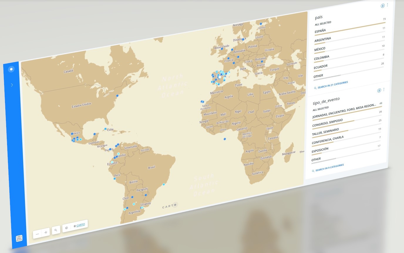 Mapa de la lista colaborativa de Eventos TIG (Tecnologías de la Información Geográfica