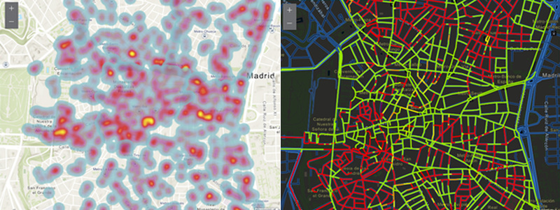Mapa interactivo en la web que muestra la densidad de CCTV (izquierda) y la cobertura de la vía pública (derecha). Fuente: Samuel Nájera / URBSUR