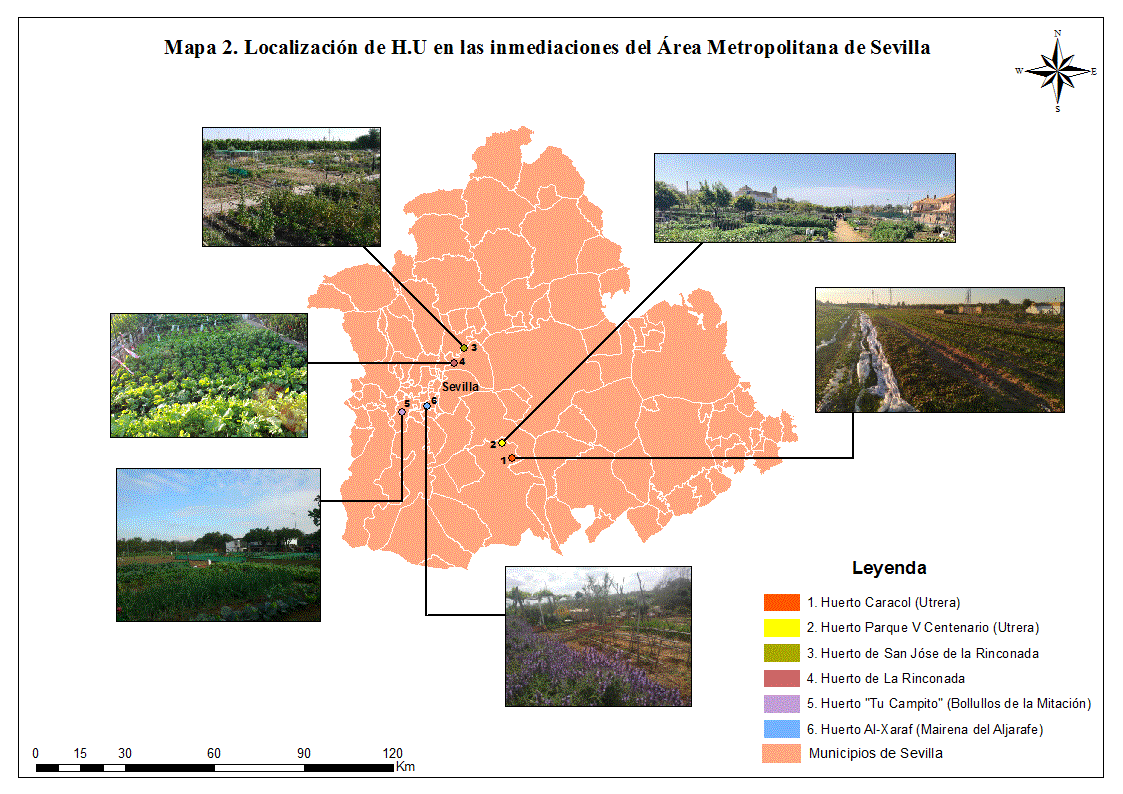 Mapa 2. Localización de los Huertos Urbanos del Área Metropolitana de Sevilla
