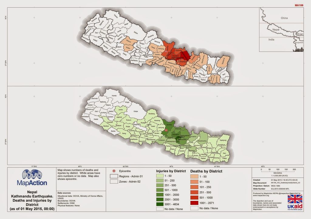 Mapa victimas por el terremono de Nepal 2015 por distrito. Cortesía de MapAction Mapa victimas por el terremono de Nepal 2015 por distrito